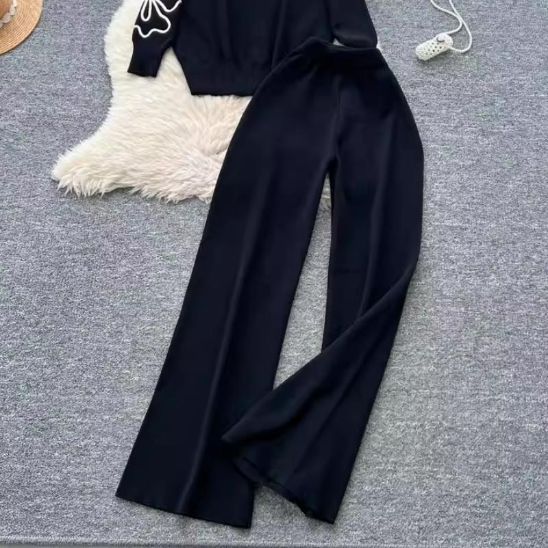Herbst Winter Damen Blumenstickerei Strickpullover Hose Zweiteiler Langarm Pullover Oberteile und Weitbein Hose Trainingsanzug