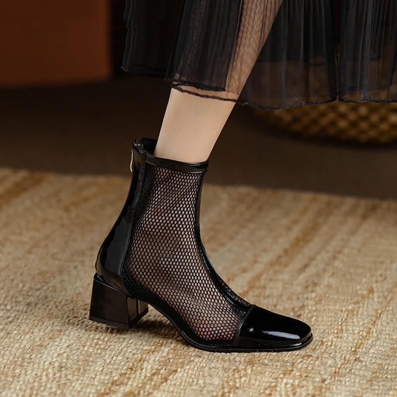 Coarse heel square head women's shoes mesh yarn Roman Korean version fashion square buckle rear zipper Gaobang mother single shoes cool boots