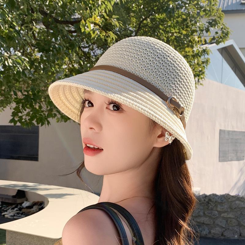 Knitted basin hat spring and summer sunscreen belt decoration wavy edge folding women's retro casual bucket hat fashion