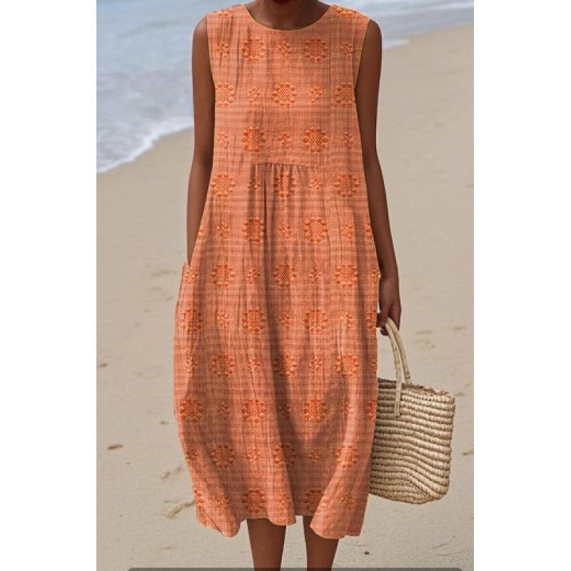 Summer new sleeveless pocket casual printing temperament long dress dress slim dress