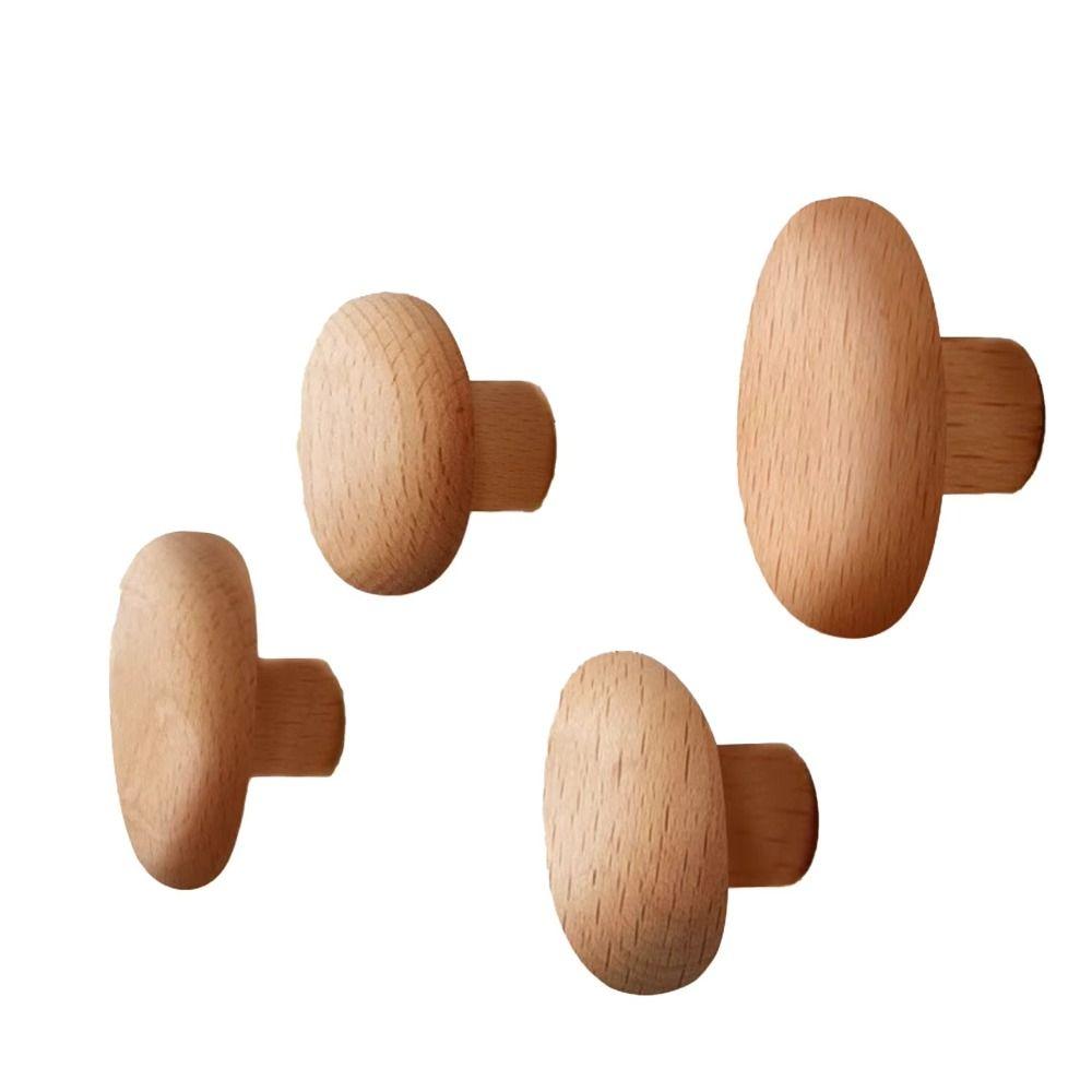 4pcs Beech Walnut Wood Wood Hook Solid Wood Punch Free Hanging Hanger Wood Handle Simple Design Wall Hook Kitchen Organization