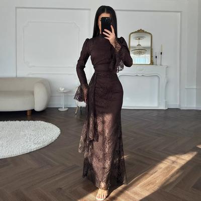 Damen Elegantes Spitze Bodycon Abendkleid Herbst Winter