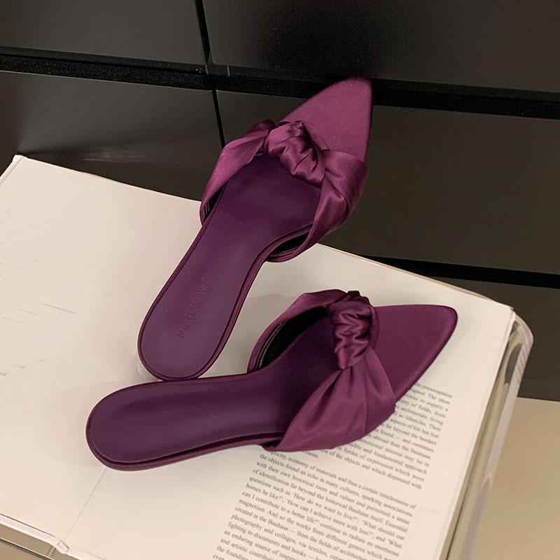 Fashion Fashion Butterfly-Knot Ladies Heeled Slippers Shoes Summer Pointed Toe Women Low Heel Slippers Female Slides Sandals Pumps