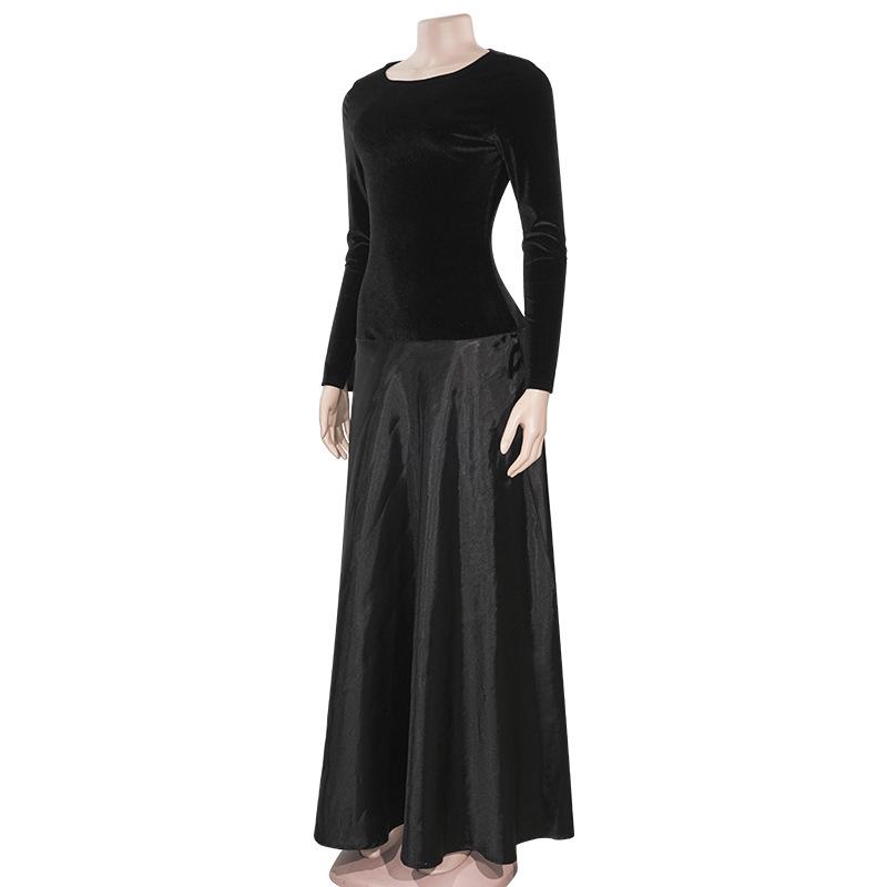 2025 Spring Women's Long Sleeve Round Neck Patchwork Dress - Solid Color