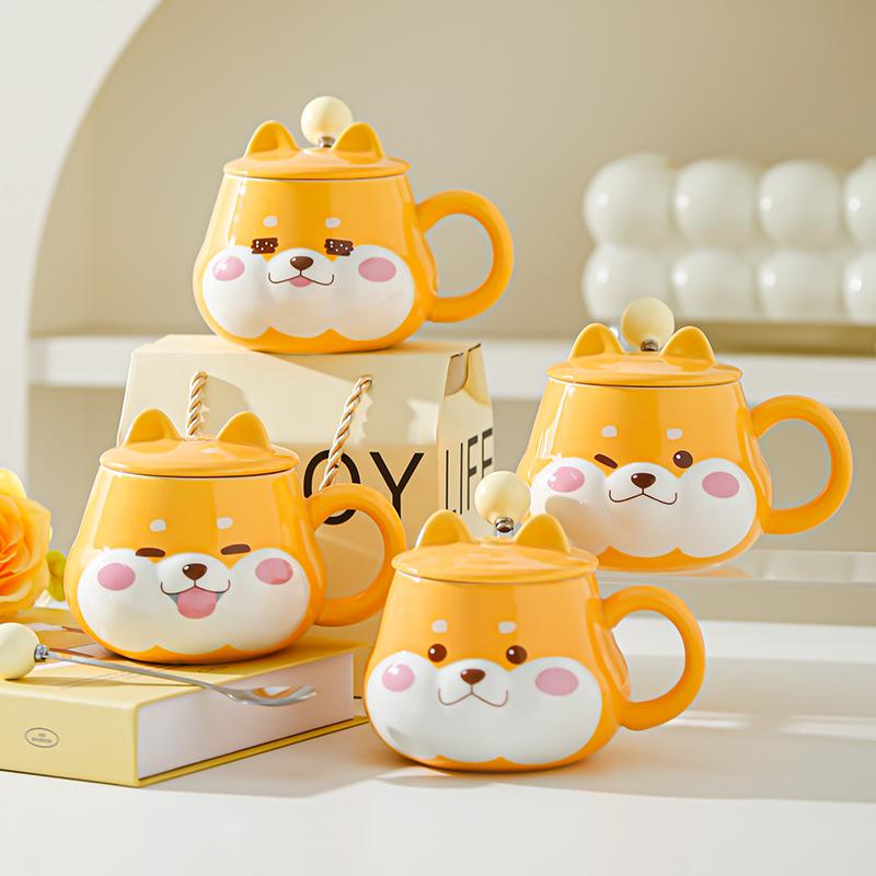 Roztomilý keramický hrnek na vodu Super roztomilý Shiba Inu Kreativní hrnek na vodu s víčkem Vysoký vzhled Narozeninový dárek Pár Domácí kancelářský hrnek