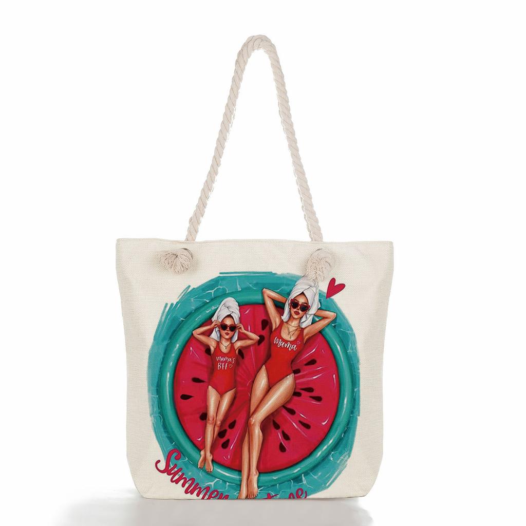 Multifunctional Mom Series Printed Thick Rope Shoulder Beach Bag Casual Large Capacity Handbag 7617