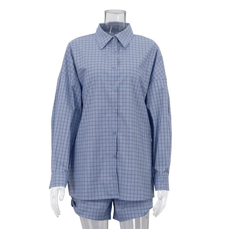 women s plaid collared long sleeve button down shirt casual high waist short pants 2 piece outfit set S синий