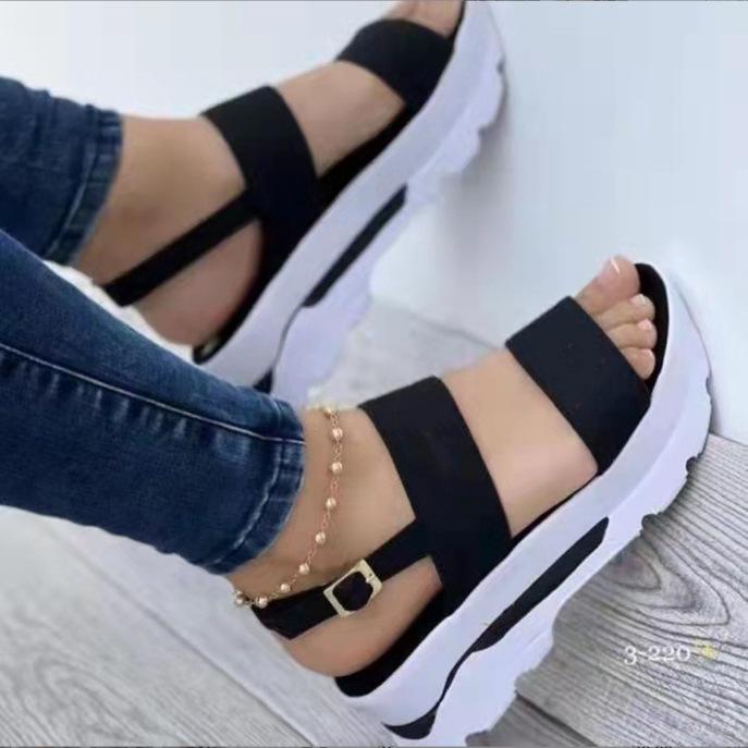 Summer New Large-size Women's Shoes Wide-sided One-word Buckle with Thick-soled Wedge Heel Fish Mouth Sandals Women