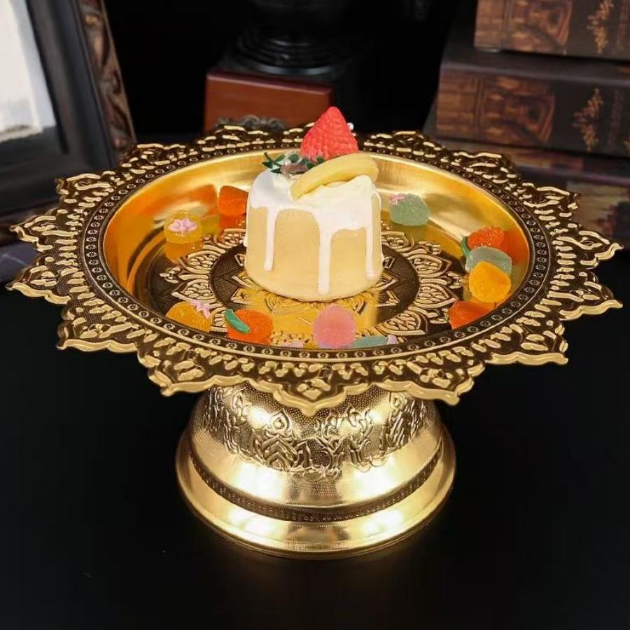 Buddhist-Style Fruit Tray,Alloy Auspicious Engraving Flower Shape Texture Home Cheese Food Plate,Altars Disc Table Decoration