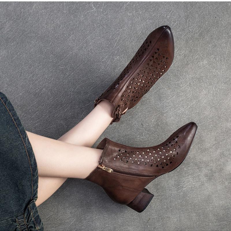 Johnature Pointed Toe Pumps Breathable Hollow Boot Genuine Leather Retro Mid Heel Women's Shoes