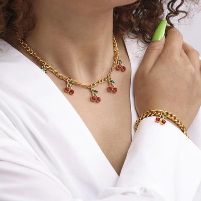 European & American Fashion: Creative Glass Rhinestone Red Cherry Necklace & Bracelet Set