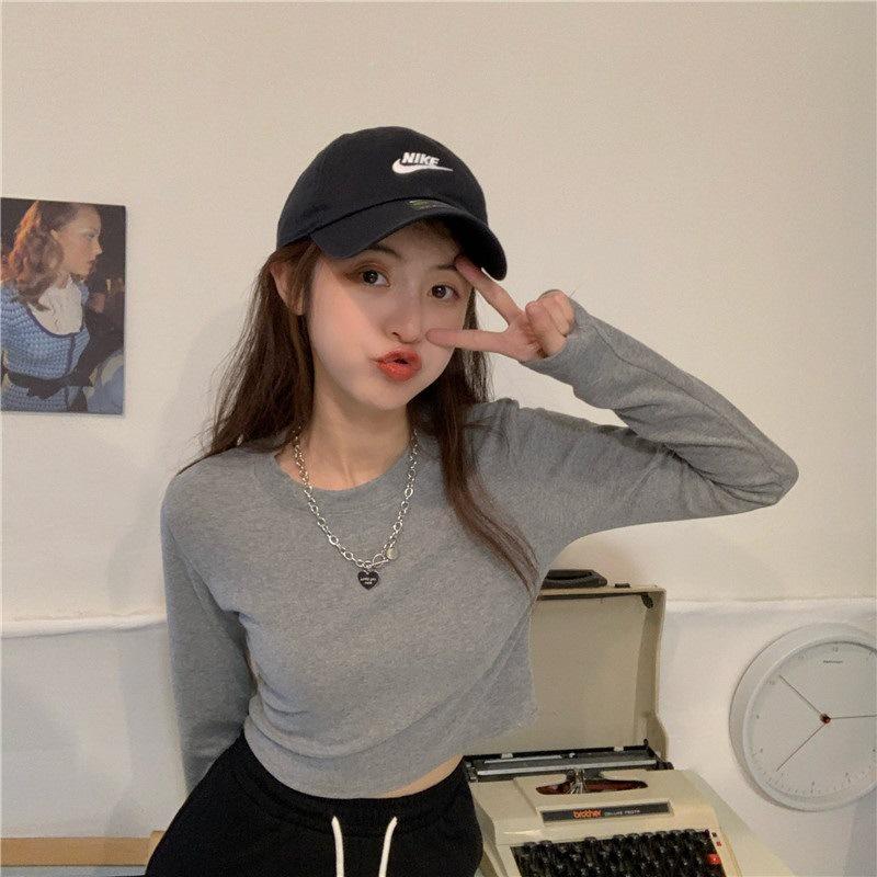 Korean Style Long-Sleeve Milk Silk Crop Top for Women - Autumn Slim Fit