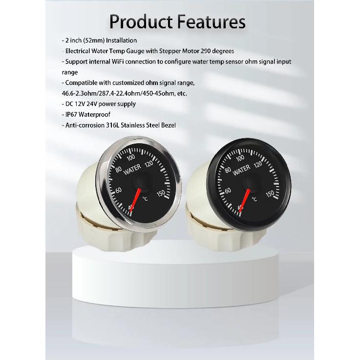 RHAXEL 52mm Wi-Fi Water Temp Gauge 40-150℃ Meter Compatible with All Types or Ranges Ohm Signal Sensor 12V 24V for Auto