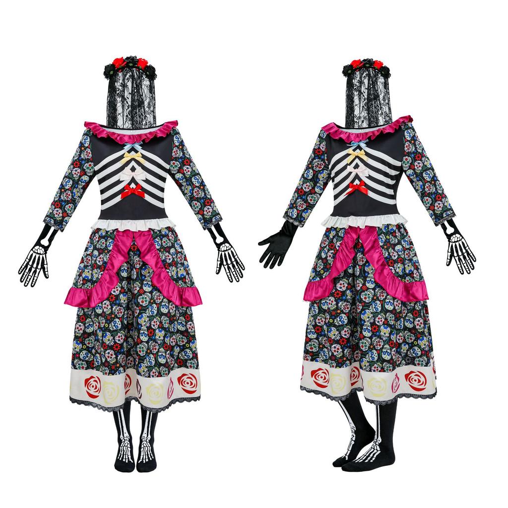 Ghost Bride Cosplay Costume Dress Mexican Day Of The Dead Colorful Flower And Rose Skull Print Horror Cosplay Halloween Costume