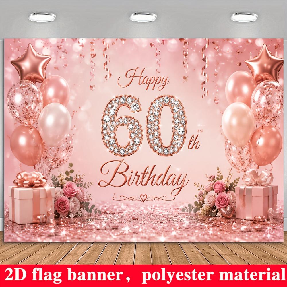 Rose Gold 60th Birthday Party Backdrop Banner, Rhinestone Number 60 Balloons Gifts Roses Glitter Photo Background, Polyester Wall Decor