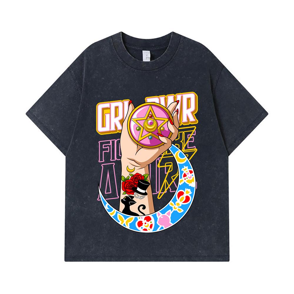 275 GSM Washed T-shirts 100% Cotton Sailor Moon V12 Girl Power Print Unisex Heavy Cotton T Shirt