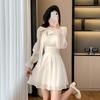 Real shot chic design sense long sleeve chiffon dress children waist temperament design sense small short skirt autumn