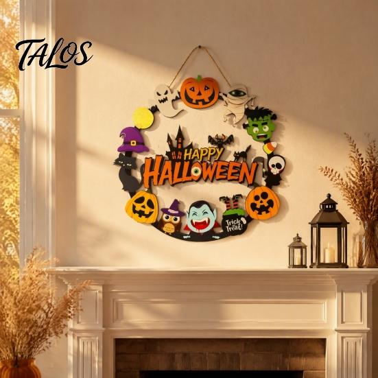 Indoor Outdoor Porch Decorations Halloween Wooden Hanging Sign, Pumpkin Ghost And Witch Elements Decor, Rustic Holiday Wall Sign Style for Front Door