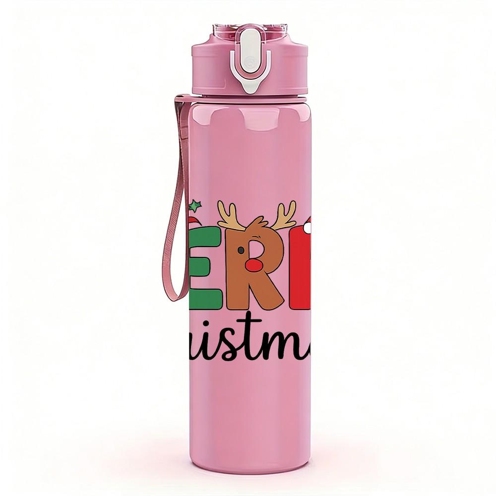 1PC Merry Christmas Text Retro 750ml Color Plastic Sports Water Bottle Leakproof Flip Straw Lid Suitable for Sports Office Home Use