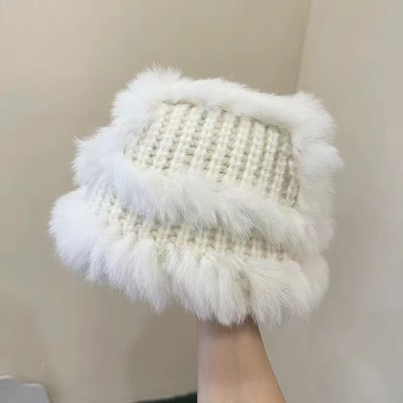 Mao Mao Hat Real Mao Rabbit Plush Fur Hat Versatile Cold-proof Warm Wool Knitted Baotou Hat Women's Winter