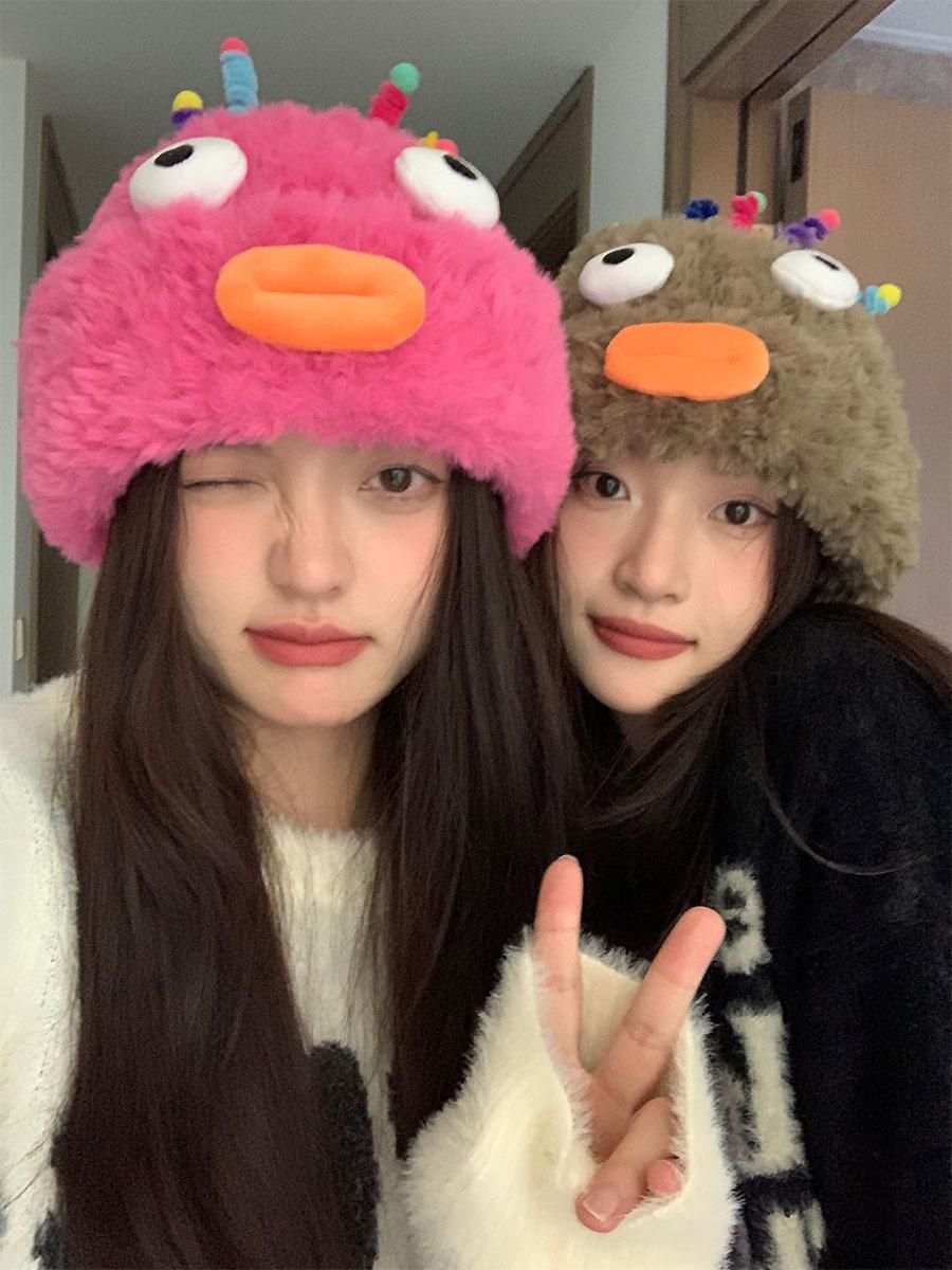 

Autumn and winter funny plush hat women s red wool hat warm ear protection cute knitted hat versatile ear protection hat M（56-58cm） троянди рожеві кольору