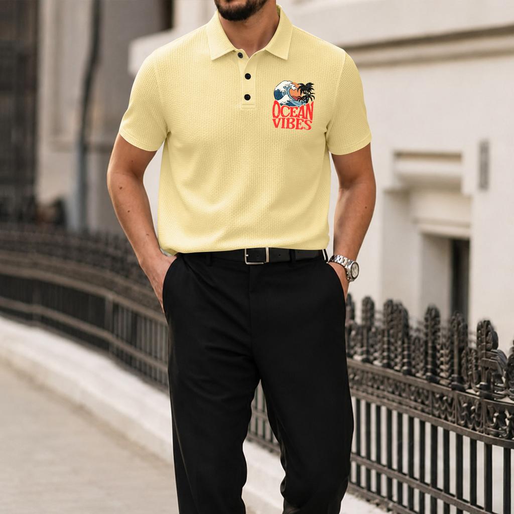 Men's Summer Short Sleeve Polo Shirt Casual Ice Silk Fabric Breathable Soft Lightweight Printed Design Regular Fit