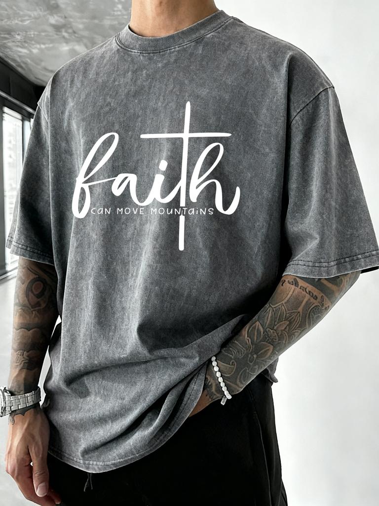 Faith Can Move Mountains Print Washed TShirt Men Summer Vacation Clothing Casual Crewneck T Shirts Oversize Cotton Streetwear