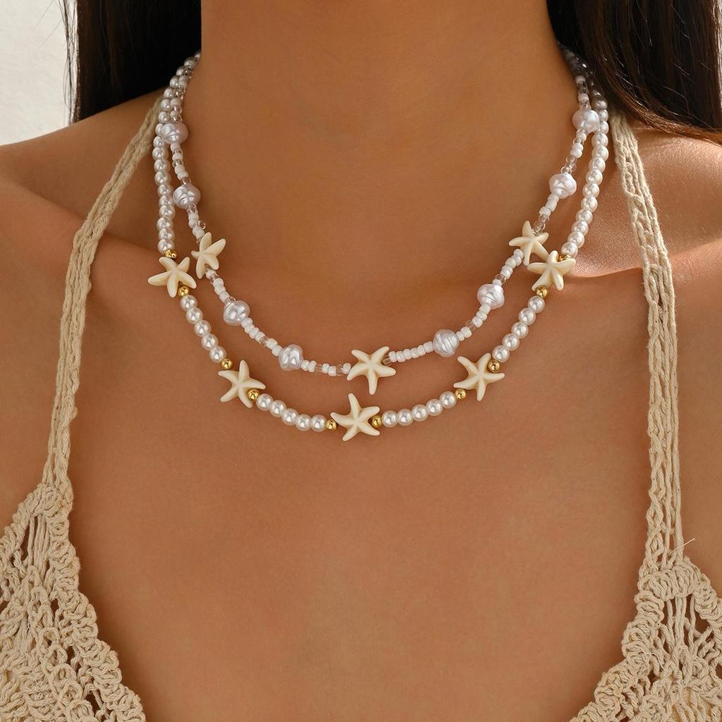 European & American Ocean Style Necklace with Irregular Pearls, Gold Beads, and Starfish Pendant