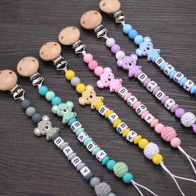 Baby Beech Teether Pacifier Clips Personalized Name Silicone Teether Geometric Crochet Beads Chain Pacifier Clips Nipple Clip
