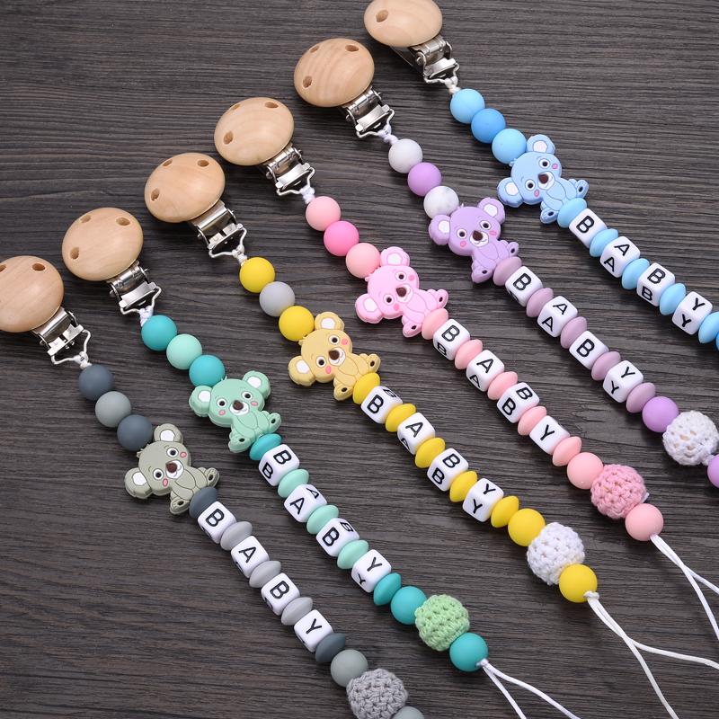 Baby Beech Teether Pacifier Clips Personalized Name Silicone Teether Geometric Crochet Beads Chain Pacifier Clips Nipple Clip