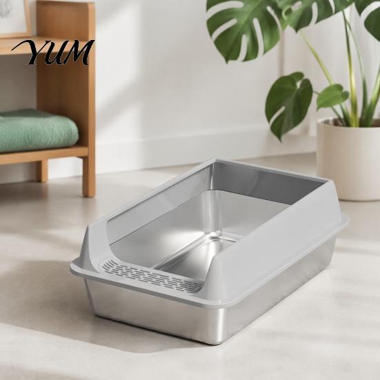 Strapazierfähige Edelstahl-Haustiertoilette Metall-Katzenklo, Kätzchenbox mit hohen Rändern, Auslaufsicheres geruchshemmendes Design, Schaufel inklusive, Nicht