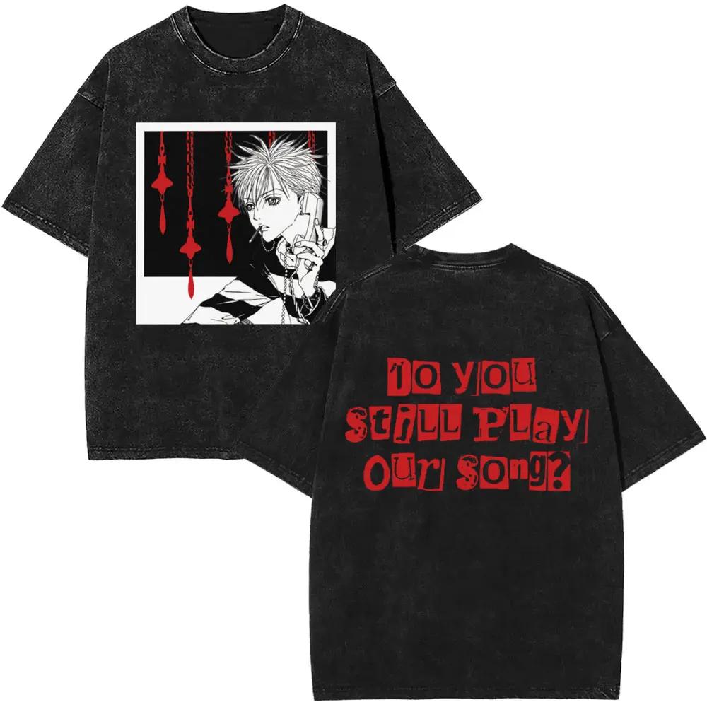 Anime Nana Osaki Vintage Washed T-shirts Grunge Black Stones Y2k Streetwear 90s Cartoon Oversized Short Sleeve T Shirt Unisex