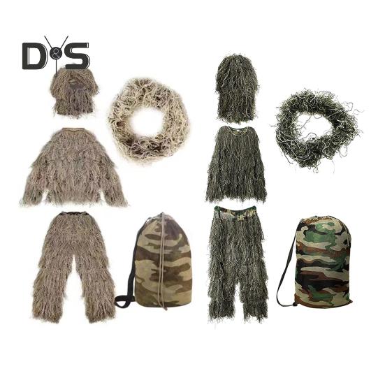 5Pcs/Set Ghillie Suit with Jacket Pants Hood Garland Carry Bag 3D Camouflage Hunting Apparel Youth Adults Woodland Clothes