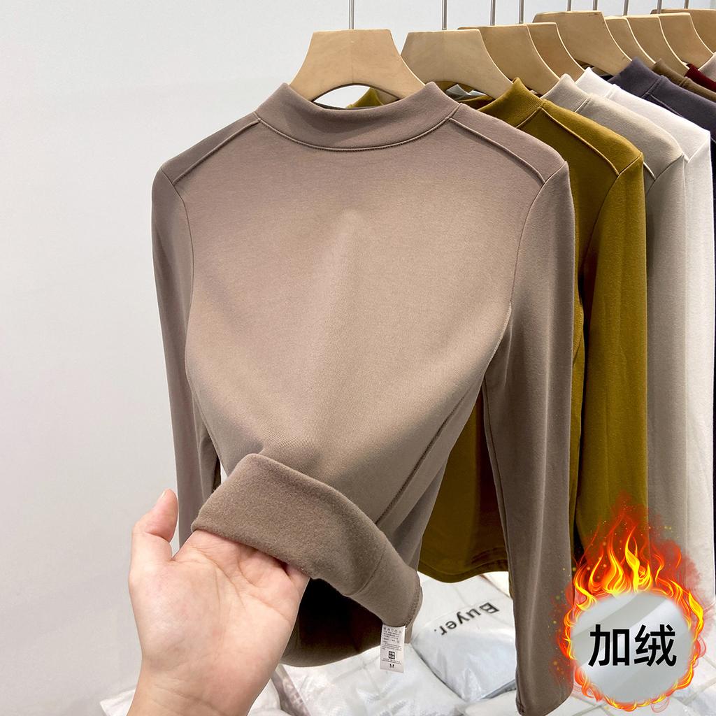 Fleece polished small stand-up neck bottoming shirt women's spring fishbone front shoulder slim-fitting long-sleeved T-shirt with top inside