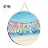 Summer Beach Decor Round Wooden Door Hanger, Watercolor Welcome Sign, Hello Sunshine Indoor Outdoor Wall Hanger Please Plaque for Porch Decorative