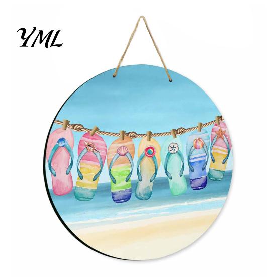 Summer Beach Decor Round Wooden Door Hanger, Watercolor Welcome Sign, Hello Sunshine Indoor Outdoor Wall Hanger Please Plaque for Porch Decorative