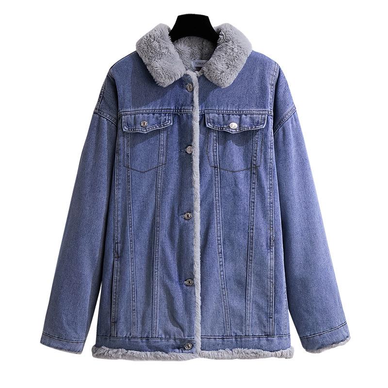 Extra Large Winter Plus Velvet Denim Jacket - Thickened Casual Cotton Coat for Sizes 200/300 Jin