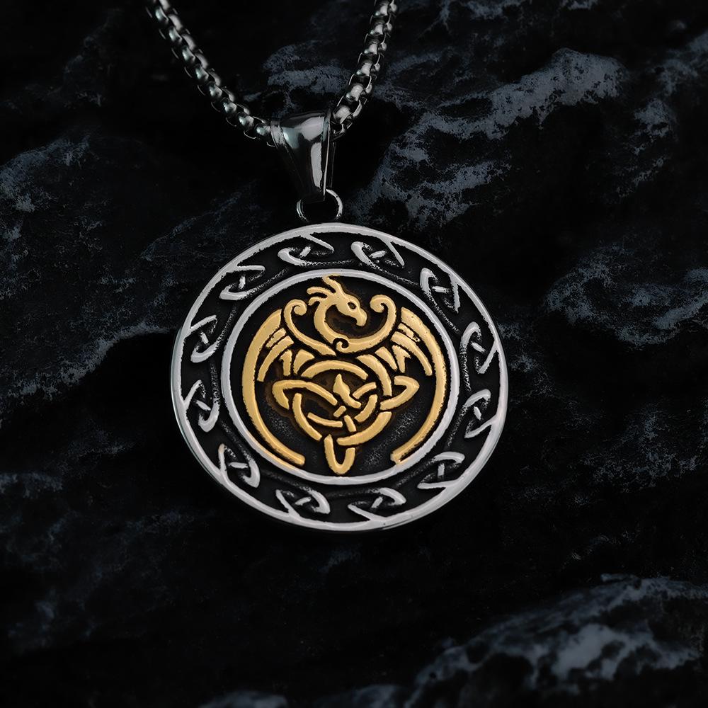 Men's Retro Stainless Steel Celtic Knot Flying Dragon Double-Sided Pendant Necklace