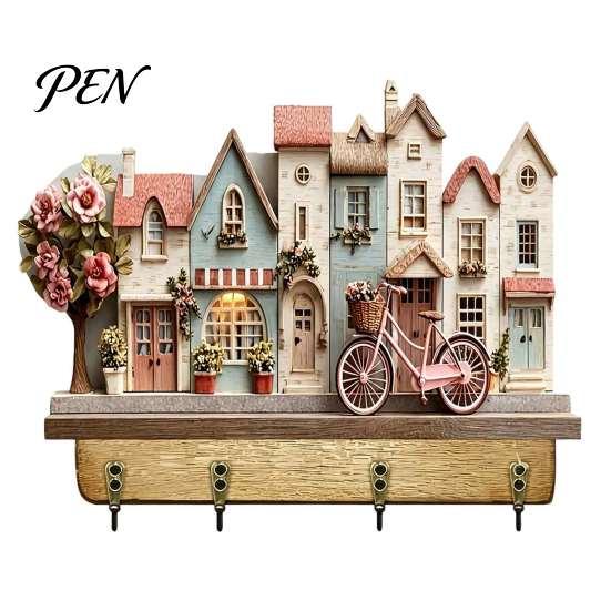 Functional Wall Hanging Key Holder Wooden Rack, Vintage Camping RV Pattern Rack with 4 Hooks, Theme Organizer 2D Farmhouse Mount for Entryway Hallway
