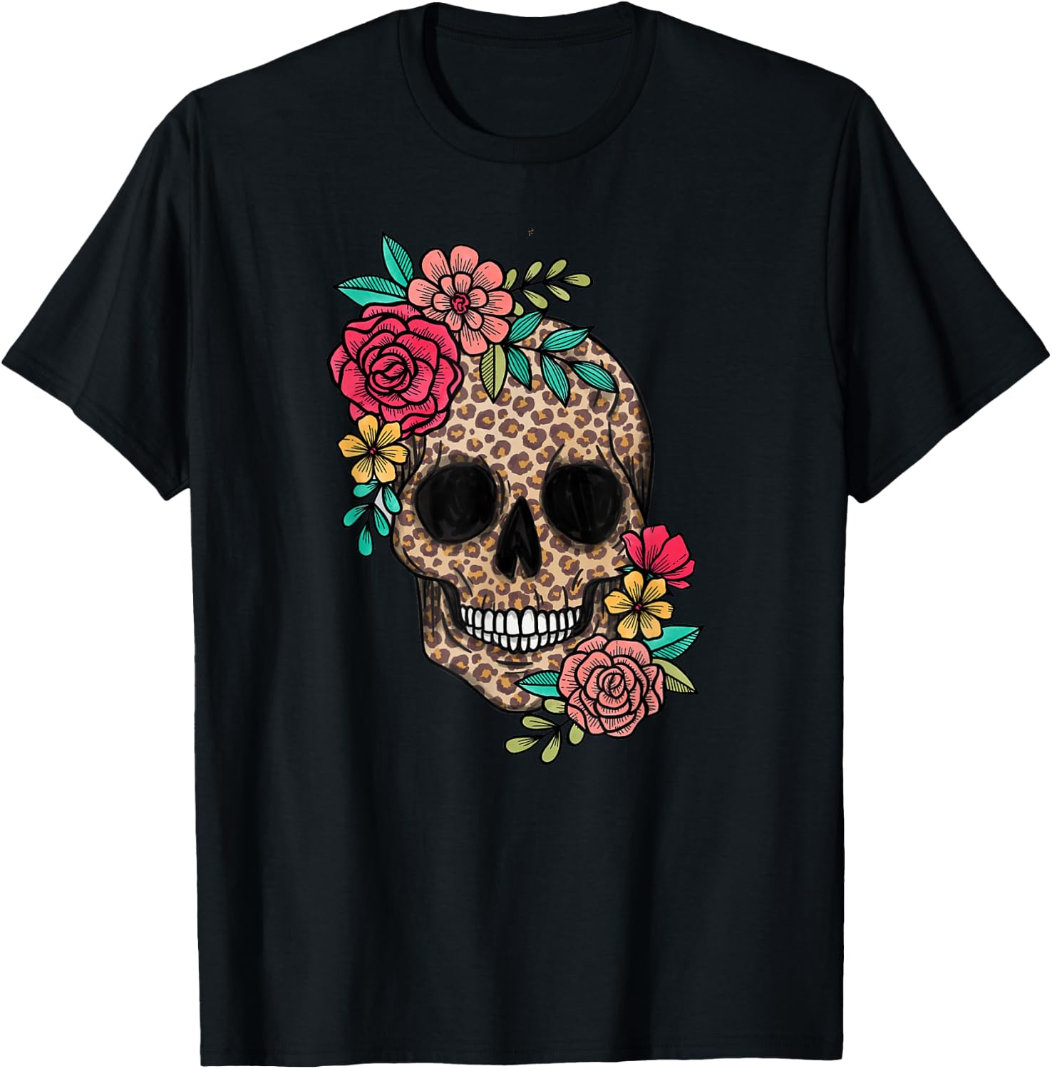 Funny Dia De Los Muertos Leopard Sugar Skull Flower Mexican T-Shirt L