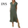 Loose Fit Solid Color Dress Womens Summer Casual Short Sleeve Midi V-neck Comfortable Lightweight Button Down Shirt for Daily Life Dating Work