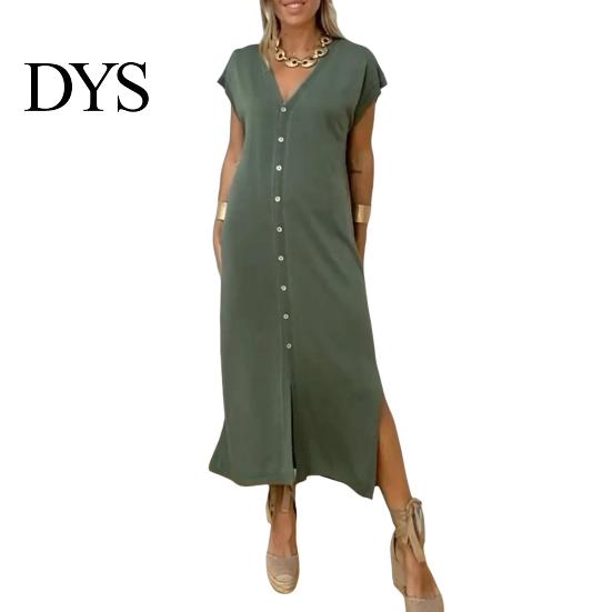 Loose Fit Solid Color Dress Womens Summer Casual Short Sleeve Midi V-neck Comfortable Lightweight Button Down Shirt for Daily Life Dating Work