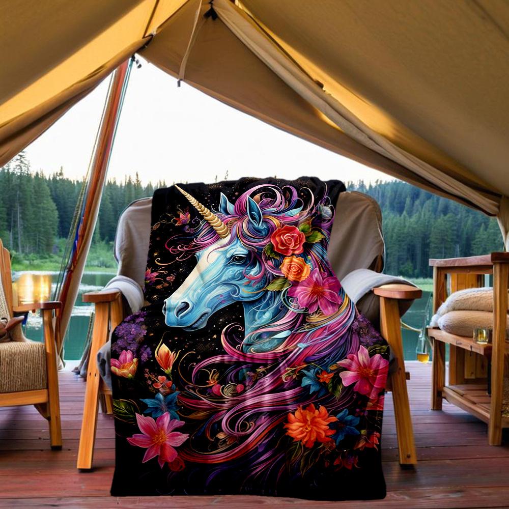 1pc Unicorn Flowers Flannel Blanket, Comfortable and Warm Blanket, for Camping Sofa Bed and Couch Office006