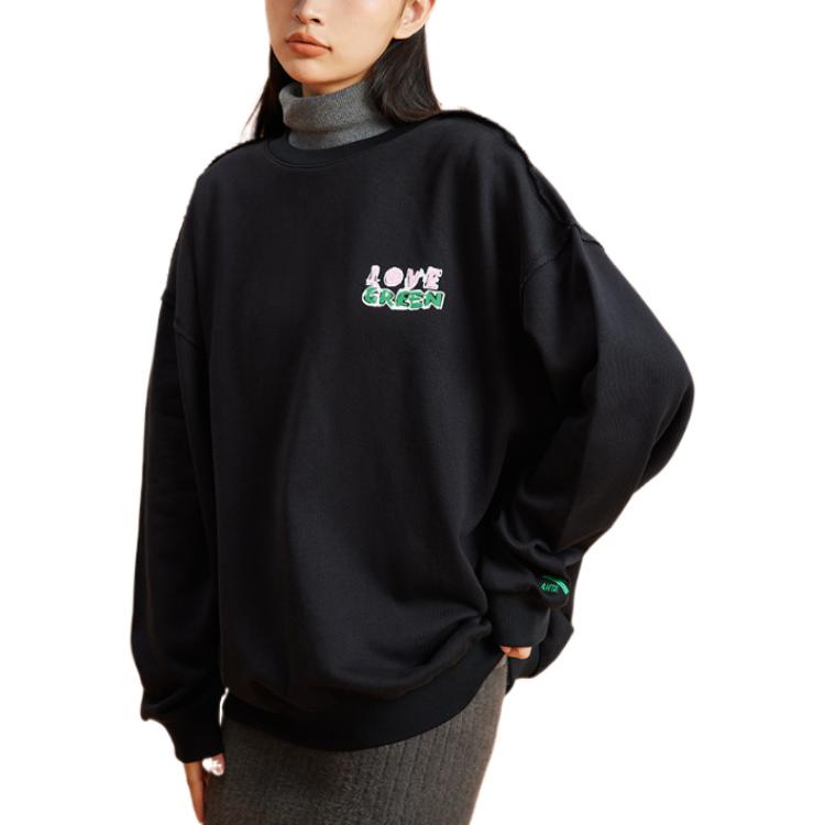 Anta Lifestyle Series Solid Color Round Neck Pullover Logo Letter Embroidery Long Sleeve Sweatshirt Women sweatshirt Black 962238722-3