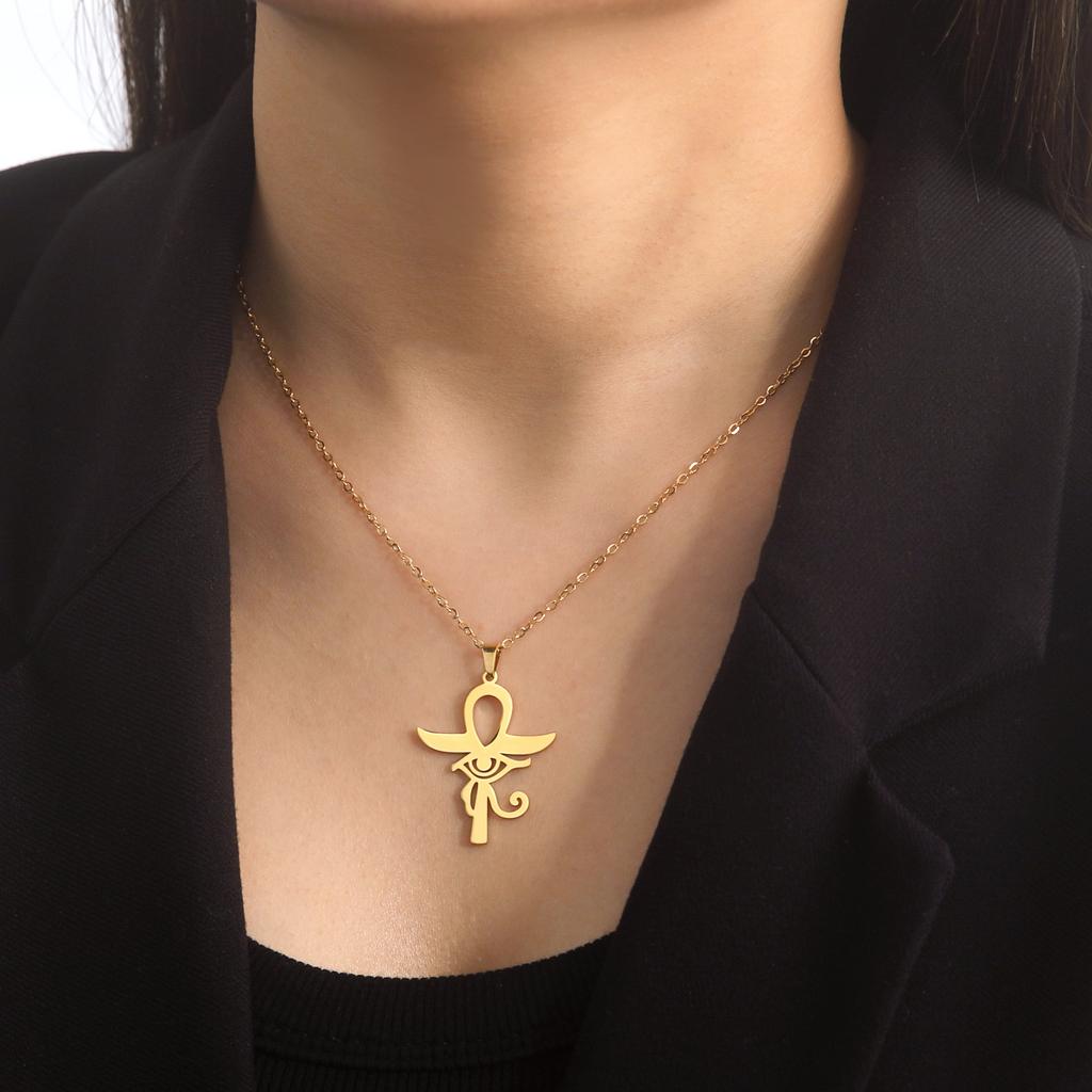 Egypt Eye Of Horus Ra Ankh Cross Necklace Stainless Steel Neck Chain Egyptian Protection Wedjat Eye Jewelry for Women Men