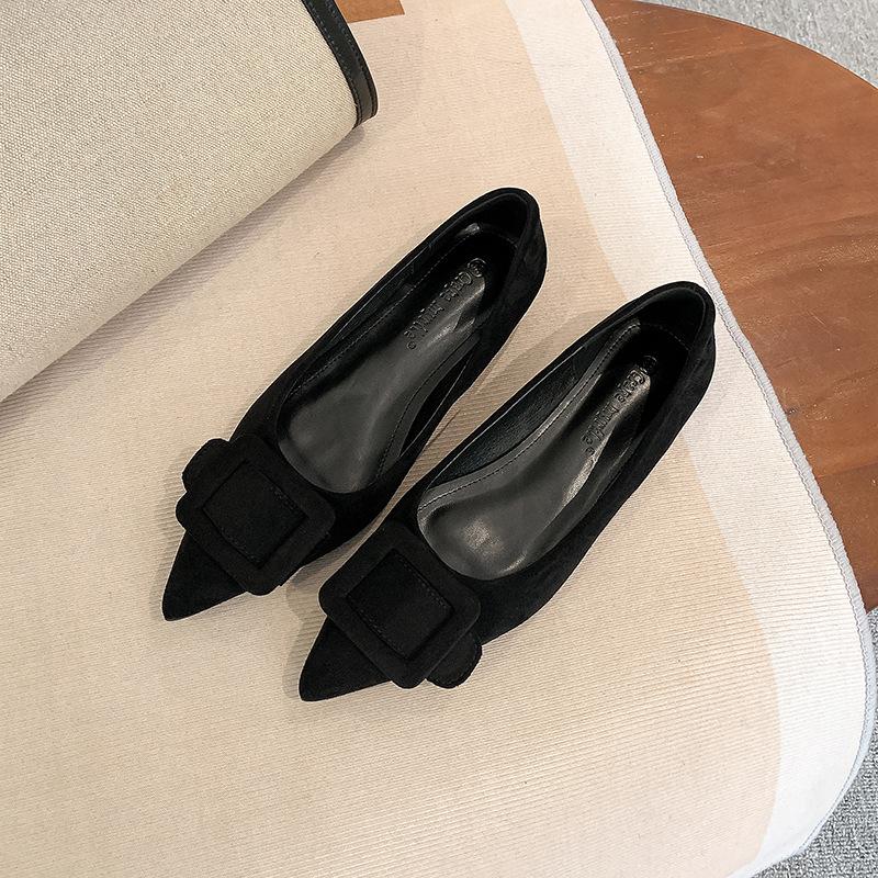 Cowhide version, temperament small pointed commuting square buckle versatile suede light mouth leopard print single shoes women's 2025 spring new