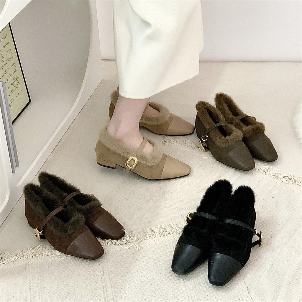 Pantofi francezi de pluș cu toc mic Pantofi Mary Jane singuri Pantofi de damă Sezon Pantofi caldi din bumbac Seara
