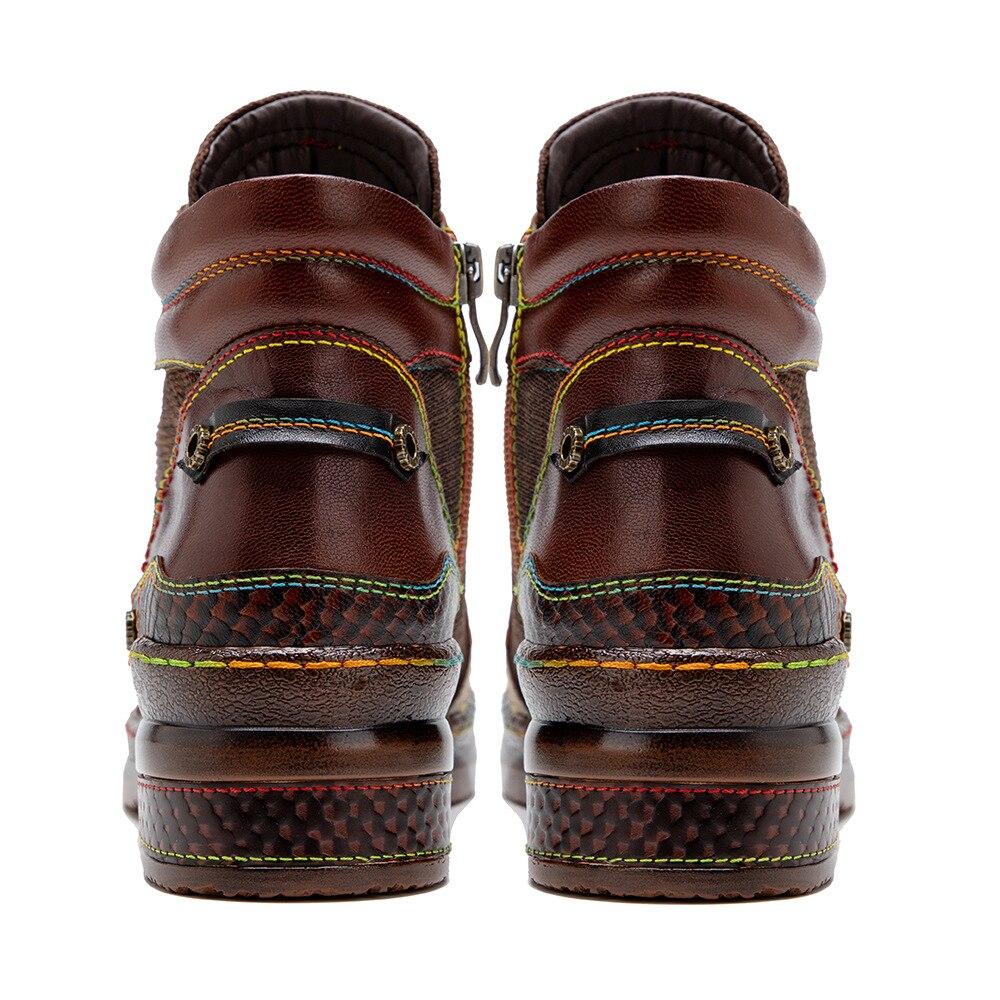 Johnature Genuine Leather Retro Shoes Women Boots Zip Round Toe Mixed Colors Sewing Handmade Concise Platform Boots