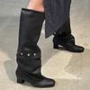 Two-wear removable knee-length boots, new retro thick-heeled rivets, thin tall stacking boots