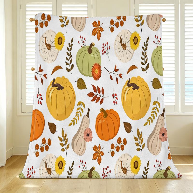 Soft Flannel Fleece Blanket, Lightweight & Warm with Cute Pumpkin Floral Print Perfect for Couch Naps, Home Lounging, Window Seat Decor
